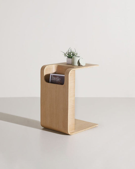 C-Shaped Oak Wood Side Table