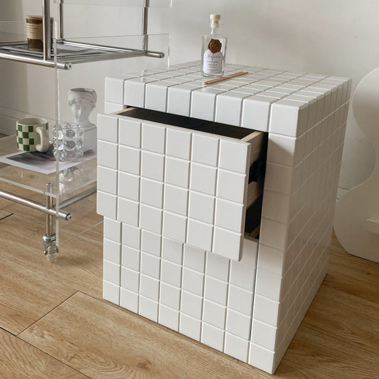 2 Drawers Nightstand Tile Effect Side Table - HomeinFun