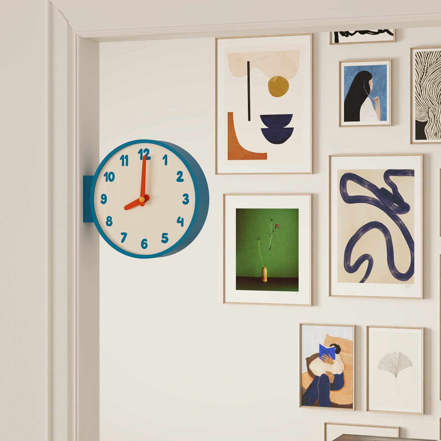 Double-Sided Corner Wall Clock in Blue – Retro Modern Silent Clock