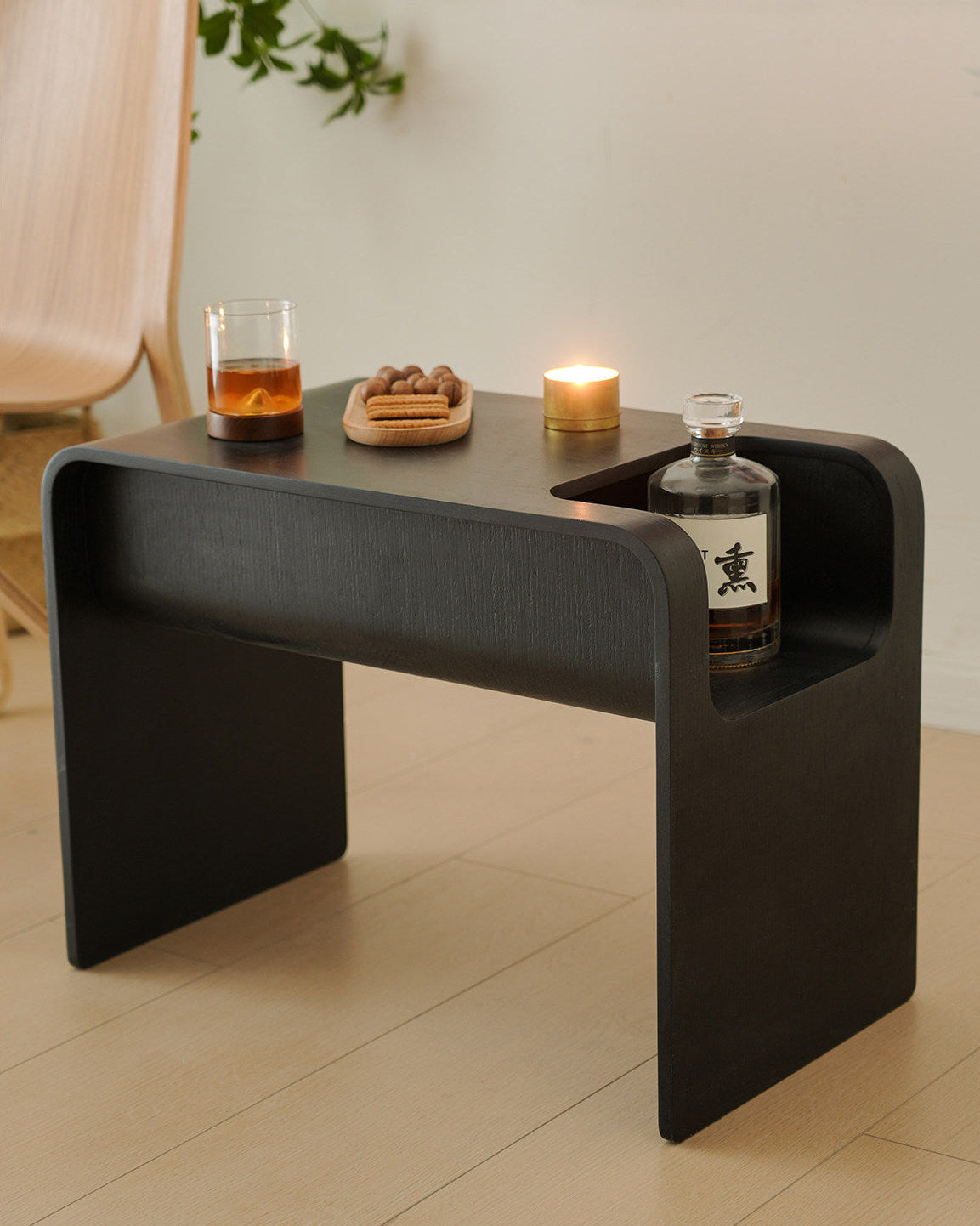C-Shaped Oak Wood Side Table