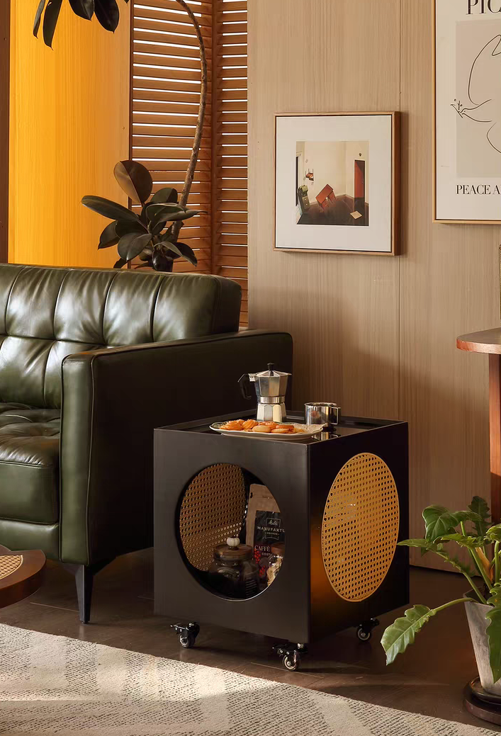 Rolling Solid Wood Side Table Bar Cart